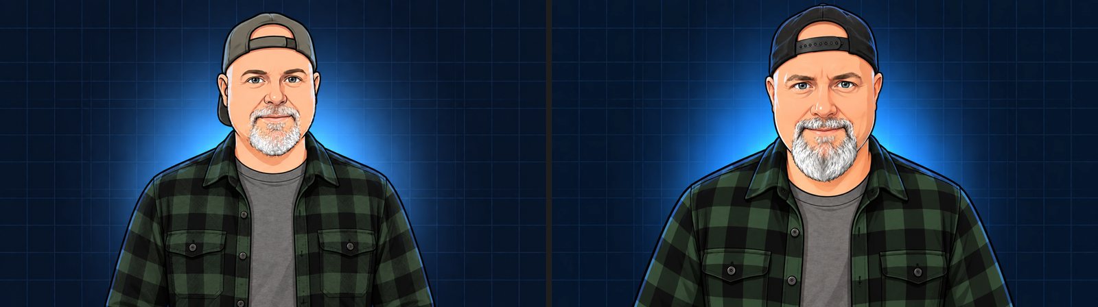 Two cartoon versions of Brian in a flannel shirt and backward cap: the older cartoon on the left and the newer, more accurate one on the right