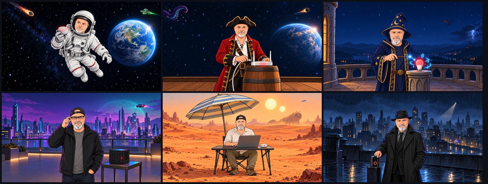 Six cartoon Brian scenes: an astronaut in space, a pirate with a router, a wizard with a smart light, a neon city, a desert planet and a rainy rooftop