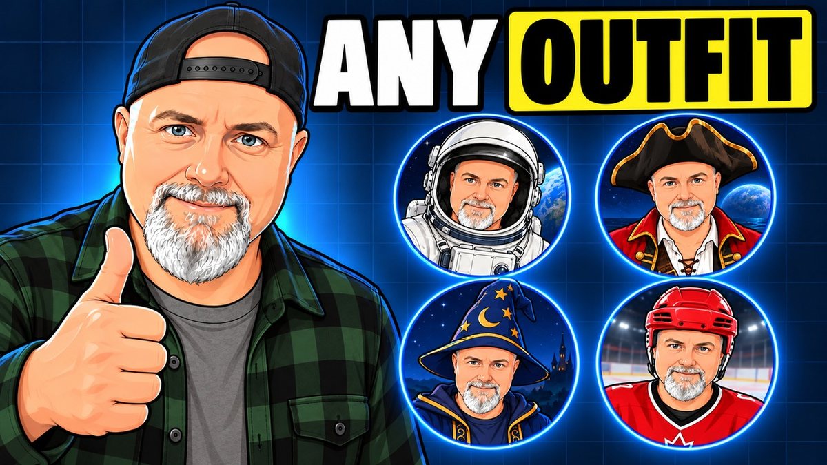 Cartoon Brian giving a thumbs up next to four round portraits of himself as an astronaut, a pirate, a wizard and a hockey player